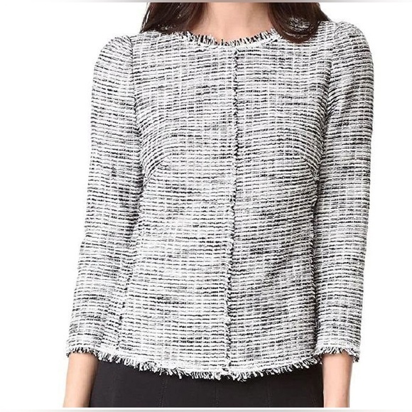 Rebecca Taylor Boucle Tweed Top 3/4 Sleeves Black White Cotton Blend Size 8 - Picture 1 of 15
